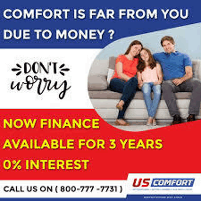 a family is sitting on a couch with a comfort is far from you due to money advertisement .