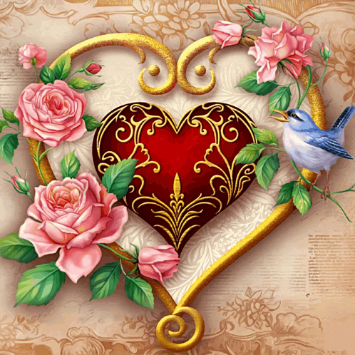 a painting of a heart surrounded by roses and a bird