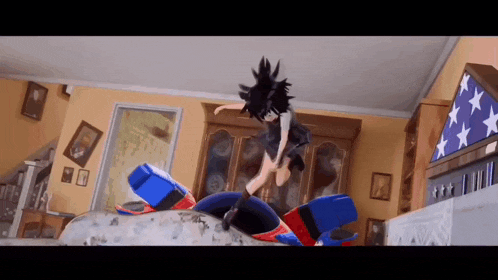 a girl in a school uniform is flying through the air while sitting on a couch .