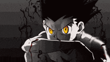 a black and white drawing of a cartoon character with orange eyes