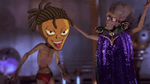 a cartoon character with dreadlocks is standing next to a purple alien