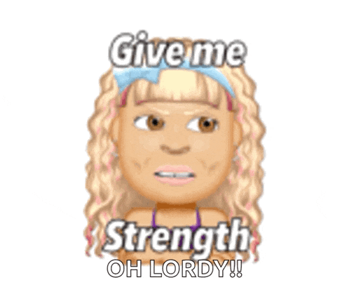 a cartoon girl with blonde hair and a blue bow in her hair says give me strength oh lordy