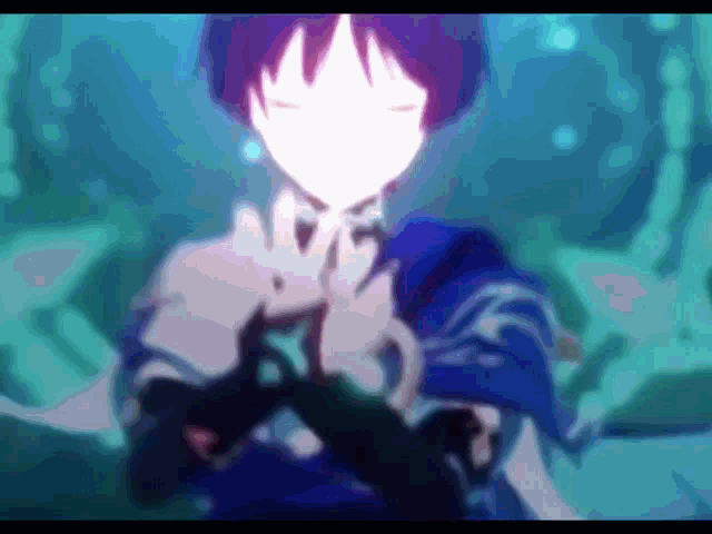 a blurry picture of a person with purple hair and a blue background
