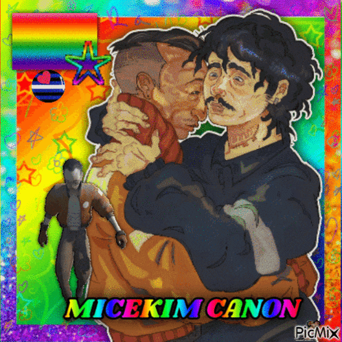a picture of two men kissing with the name micekim canon in the corner