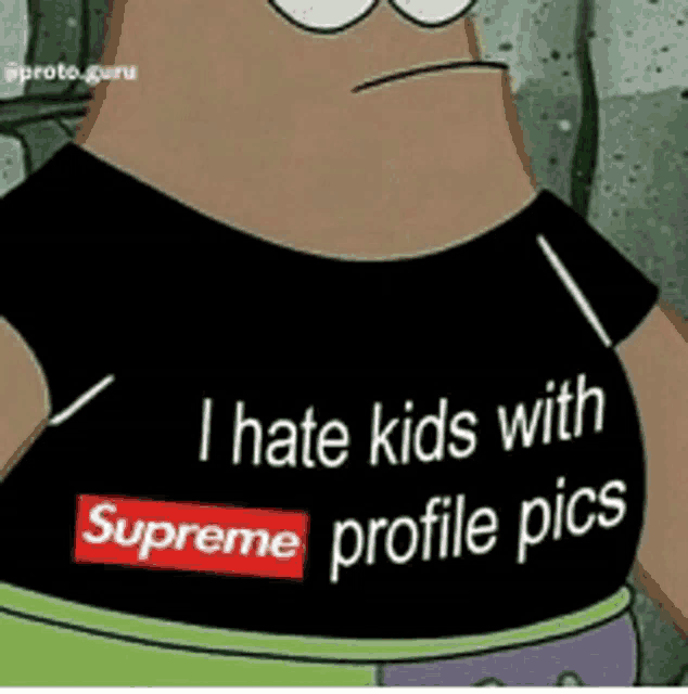 a cartoon character wearing a black shirt that says i hate kids with supreme profile pics