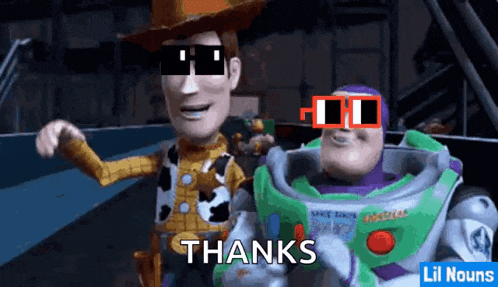woody and buzz lightyear from toy story are standing next to each other .