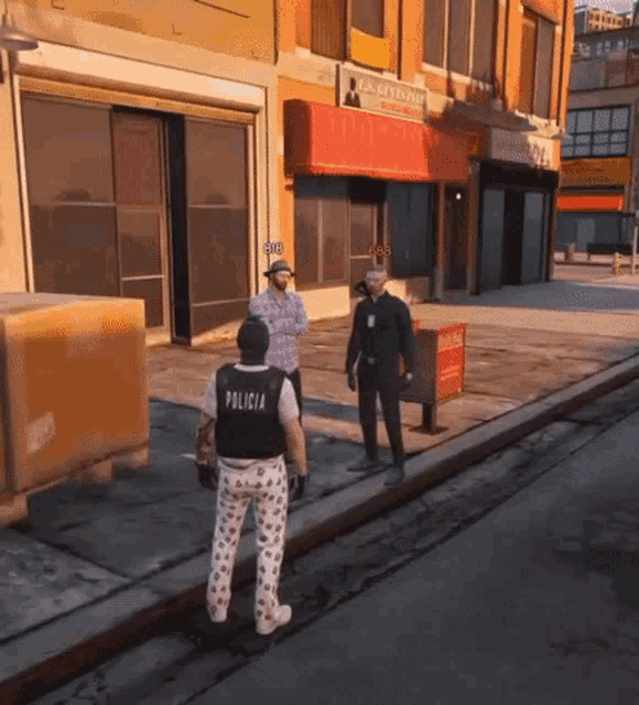 a man wearing a vest that says policia stands on a sidewalk