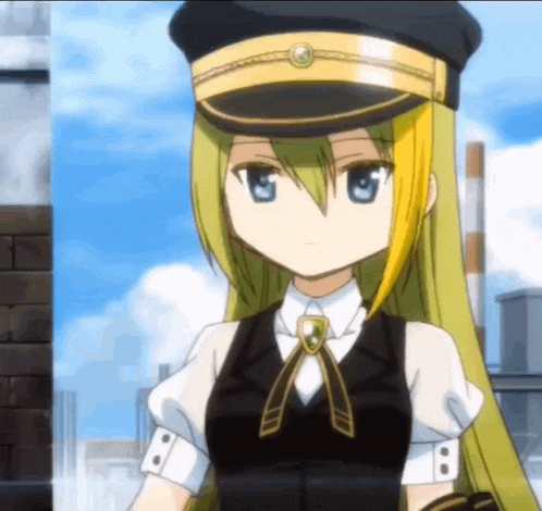a girl with long blonde hair is wearing a black hat and a vest .