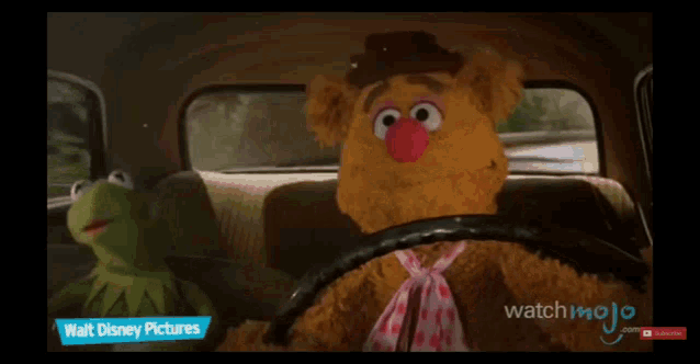 kermit the frog and fozzie bear are sitting in the back seat of a disney car