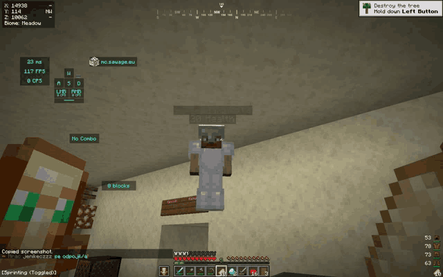 a screenshot of a minecraft game shows a man in armor standing in front of a sign that says no combo