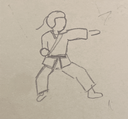 a drawing of a person in a karate uniform with the number 1 on the bottom right