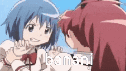a girl with blue hair is standing next to a girl with red hair and the word banani is on the bottom of the image .