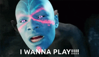 a man with a blue face says i wanna play !!!