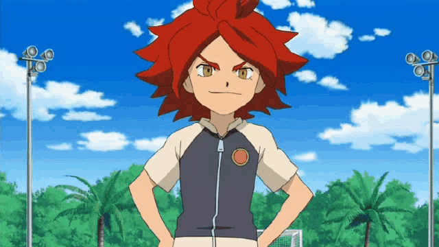 a cartoon character with red hair is standing in front of a soccer goal