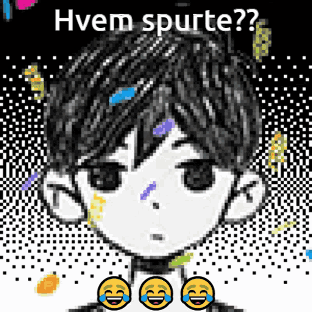 a pixel art of a boy with the words " hvem spurte " written above him