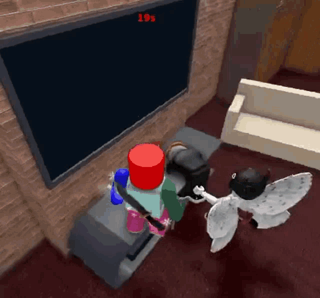 a video game is being played in a living room with a score of 19s on the screen