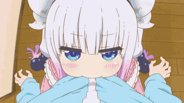 a cartoon girl with white hair and blue eyes is covering her mouth with her hands