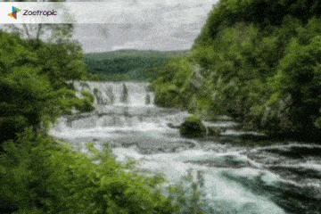 a blurred image of a waterfall with zoetropic in the corner