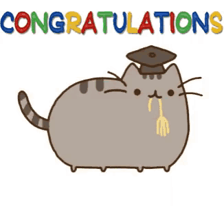 a cartoon cat wearing a graduation cap and gown is congratulating someone .