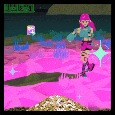 a cartoon of a girl with pink hair standing in a pink field