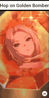 a picture of a girl with the words hop on golden bomber