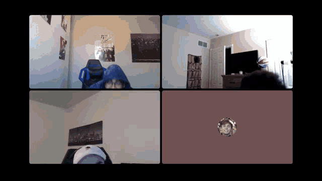 a screenshot of a video call shows four different rooms and a basketball