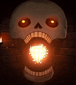 a cartoon skull with a diamond in its mouth and glowing eyes .