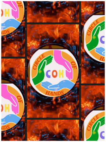 a collage of circle of hands logos with a red background