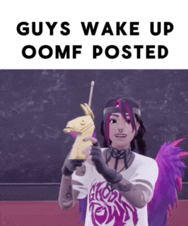 a girl with purple hair and wings is holding a trophy and says guys wake up oomf posted