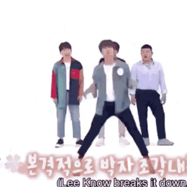 a group of men are standing next to each other on a white background and dancing .