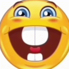 a close up of a smiley face with its mouth open and teeth visible .