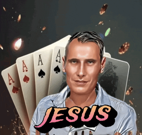 a man holding a fan of playing cards with the word jesus on the bottom right
