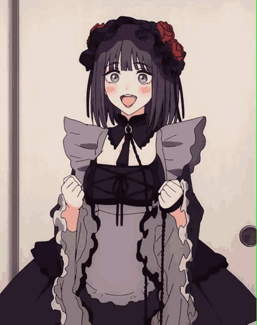 a girl with purple hair and blue eyes is wearing a black and gray dress