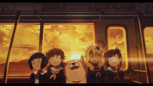 a group of anime characters are sitting on a train with a dog