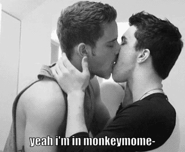 two men kissing with the words yeah i 'm in monkeymome below them