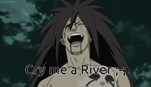 a man with long hair is screaming with the words cry me a river