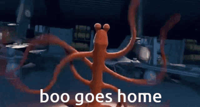 a cartoon character says boo goes home in front of a building