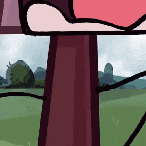 a cartoon drawing of a person looking out a window with trees in the background