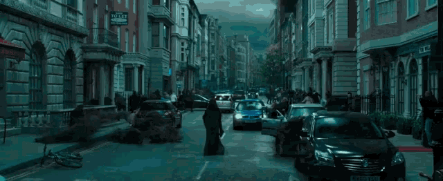 a busy city street with a sign that says ' police ' on it