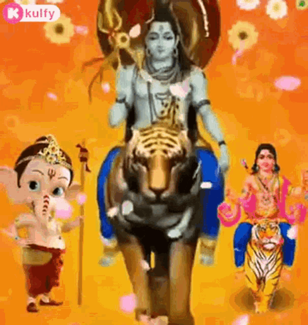 a cartoon of a deity riding on the back of a tiger surrounded by other gods .