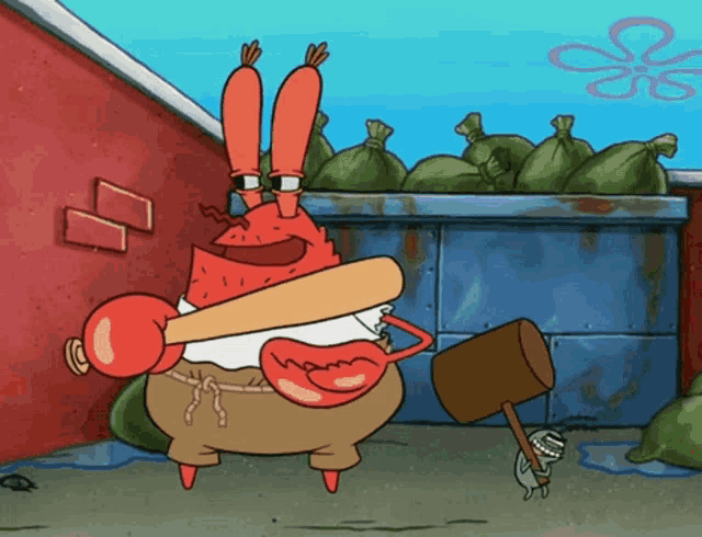 a cartoon of a crab holding a baseball bat and a hammer