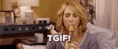 a woman is blowing a whistle on a saxophone while sitting on a couch and saying tgif .
