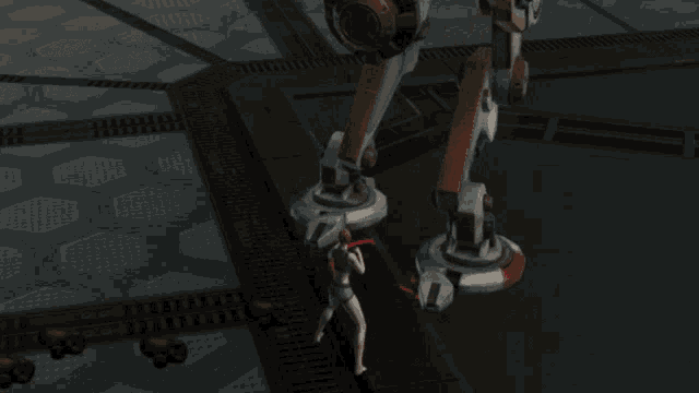 a computer generated image of a woman standing next to a robotic leg
