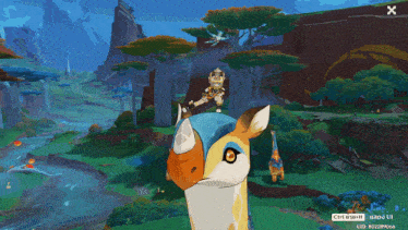 a screenshot of a video game shows a character on a deer