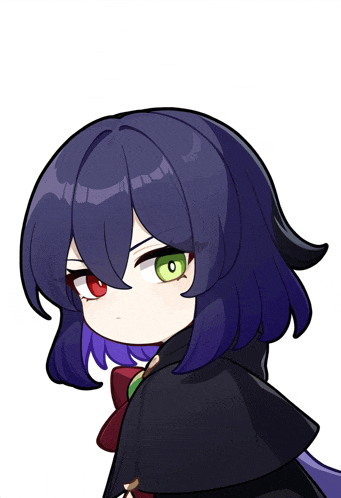 a drawing of a girl with purple hair and red eyes