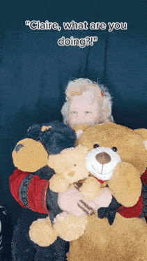 a woman is holding a teddy bear with the words " claire what are you doing " written on the bottom