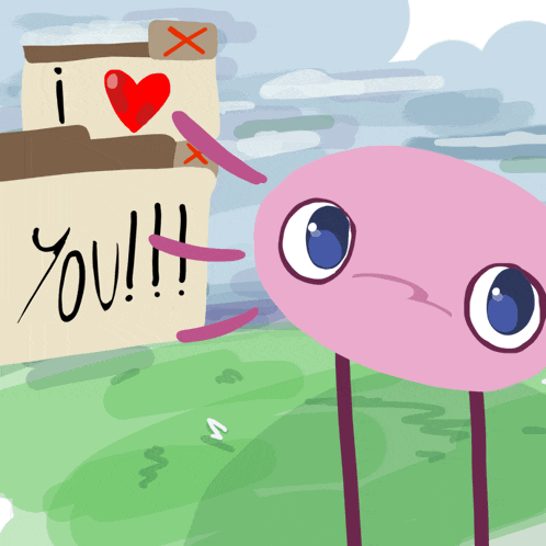 a pink cartoon character is standing in front of a sign that says you