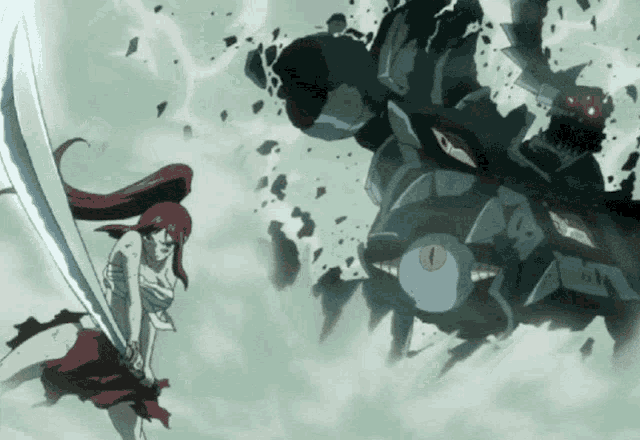 a woman with red hair is holding a sword in front of a monster with one eye