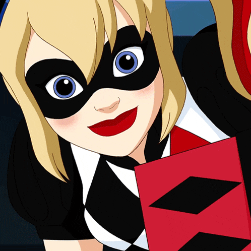 harley quinn is wearing a black and white outfit and holding a red card