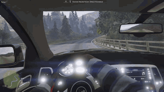 a screenshot of a video game shows a person driving a car on a road